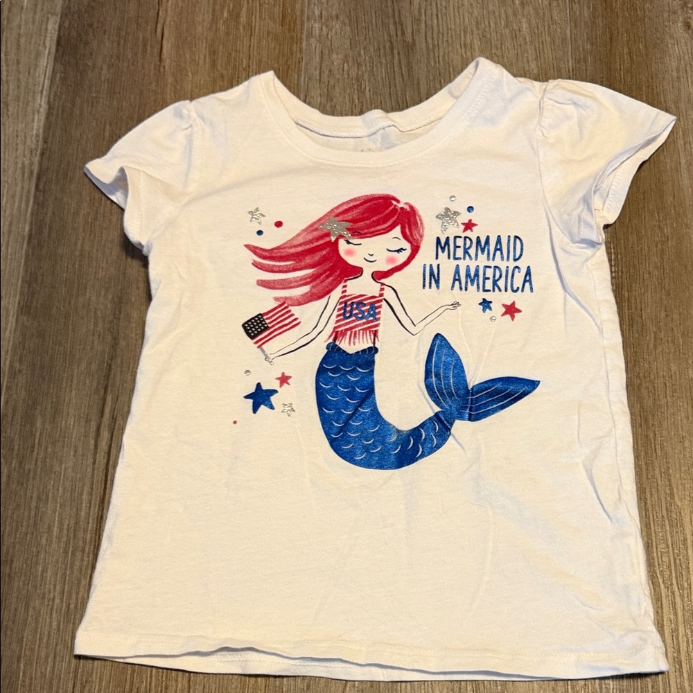 Place White Tee with Red-Haired Mermaid and Blue Tail